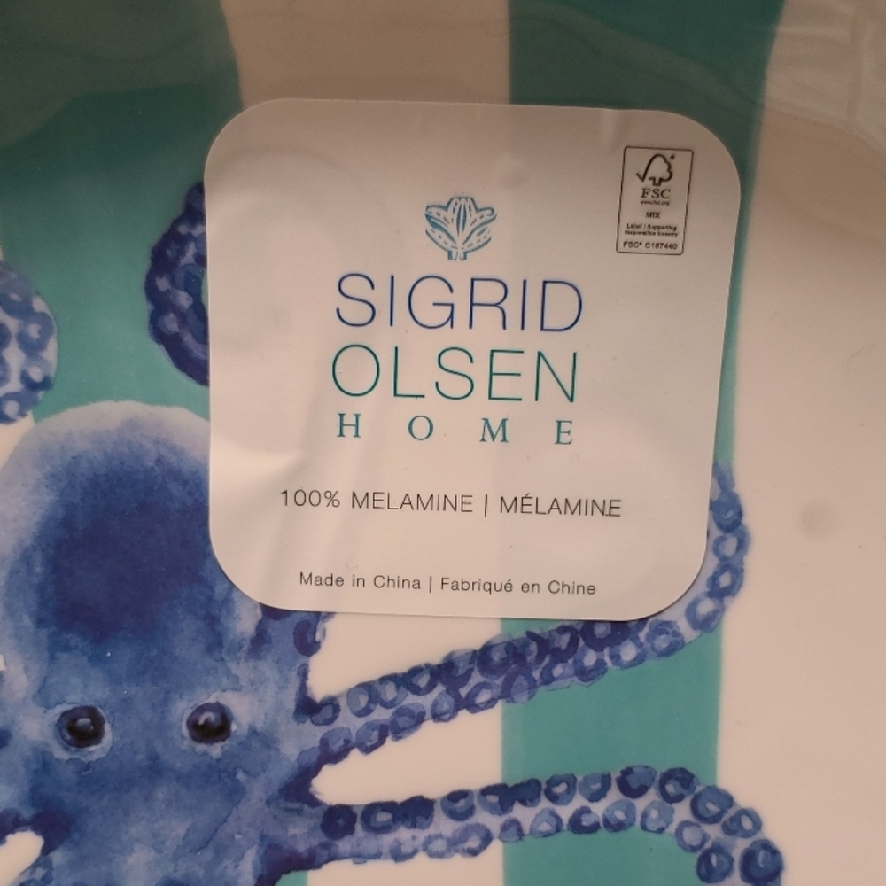 8pc Sigrid Olsen Blue Octopus Cabana Stripe Melamine Dinner Plate & Bowl Set New - Picture 3 of 10